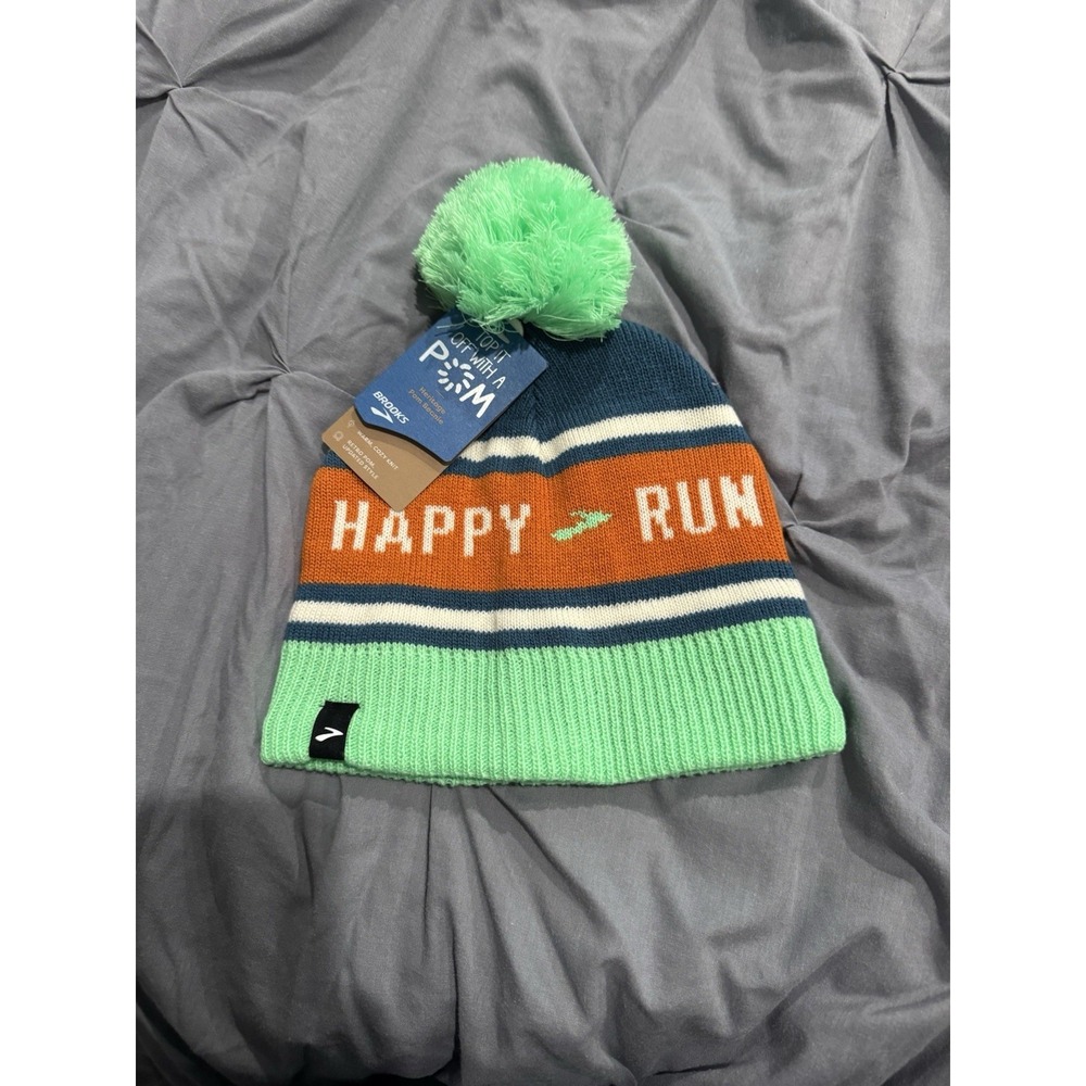Brooks Beanie OSFA Multicolor Heritage Pom Run Happy Warm Winter Ski Logo